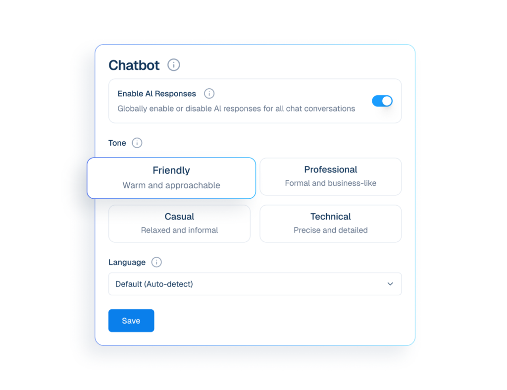 Interface mockup of a chatbot tone and language settings panel showing options to enable AI responses, select a friendly communication style, and auto-detect language.