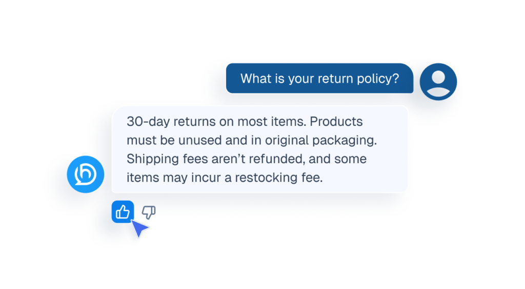 Mockup of a chat interface showing a cursor clicking a thumbs-up icon to provide feedback on an AI response about a return policy.