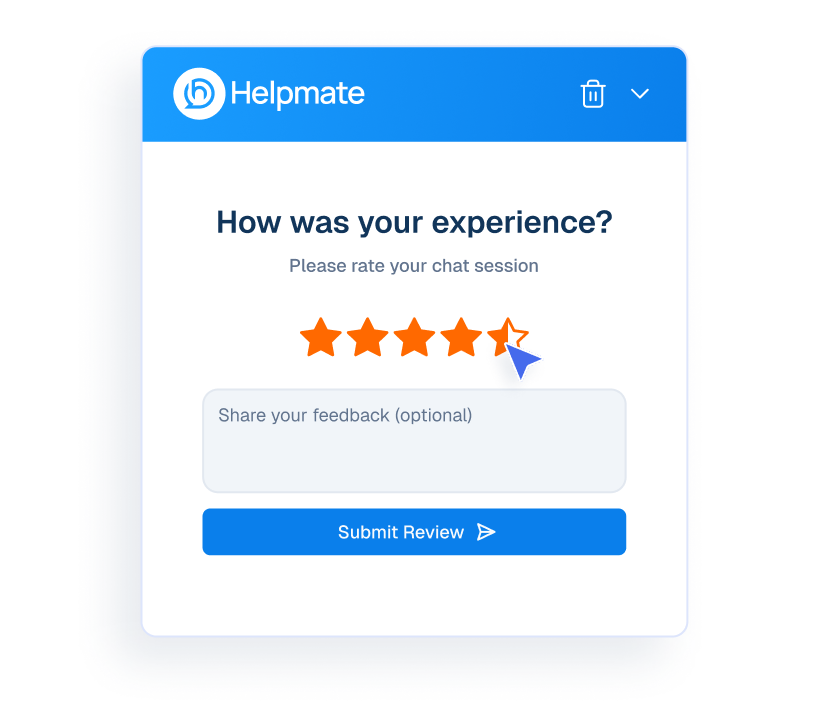 Mockup of a Helpmate chat interface showing a user rating their experience with five stars.