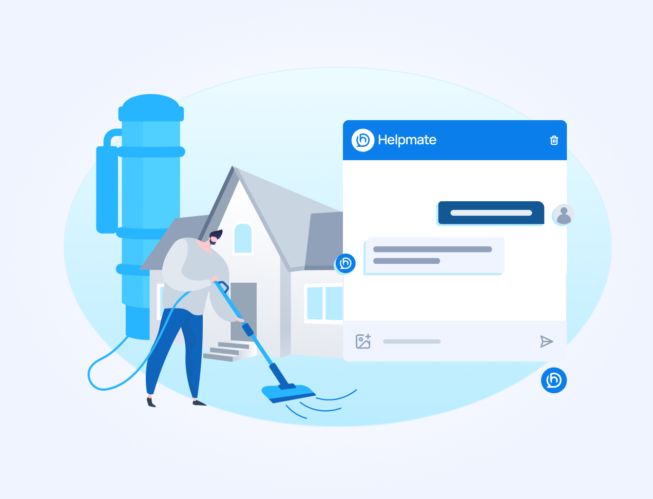 Illustration of a cleaner vacuuming outside a house next to a Helpmate chat interface mockup.