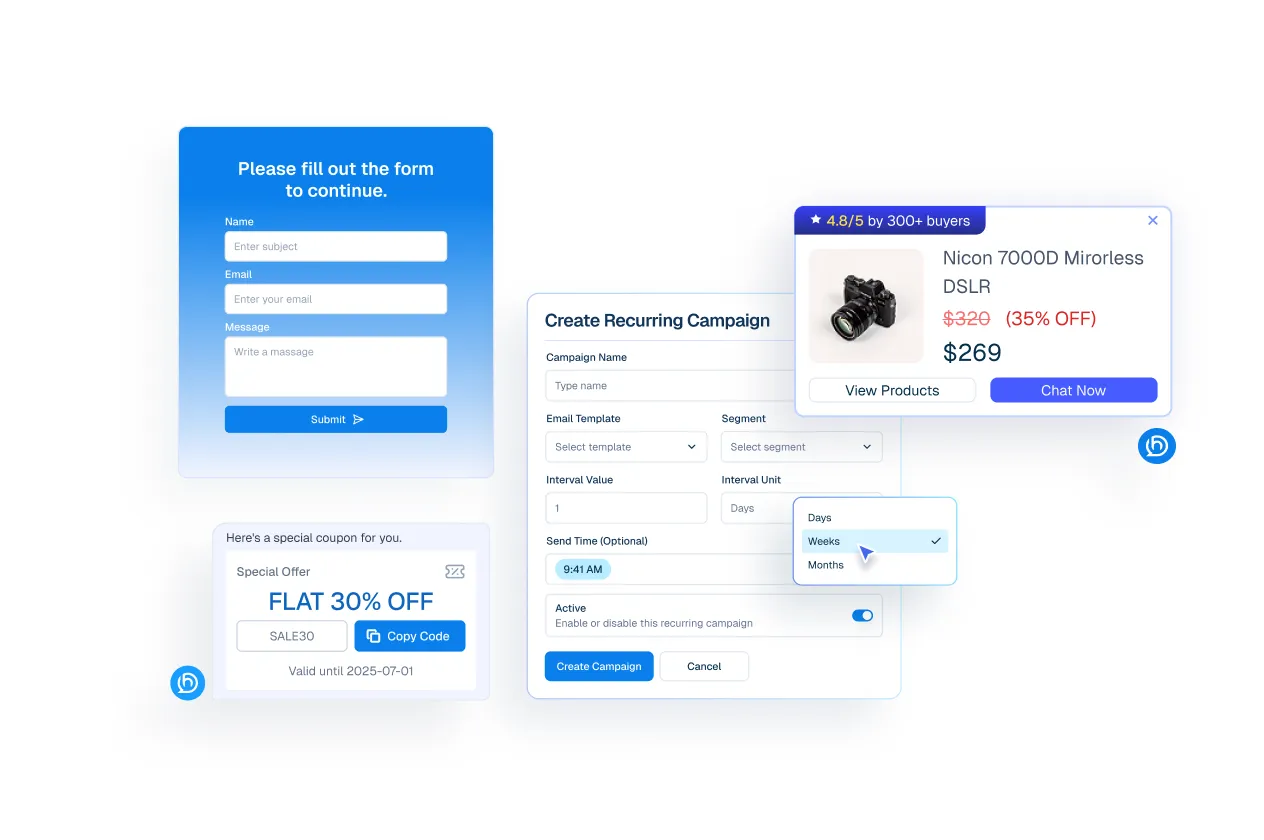 Mockup collage showing a lead capture form, a discount coupon, a recurring campaign setup interface, and a product promotion card.