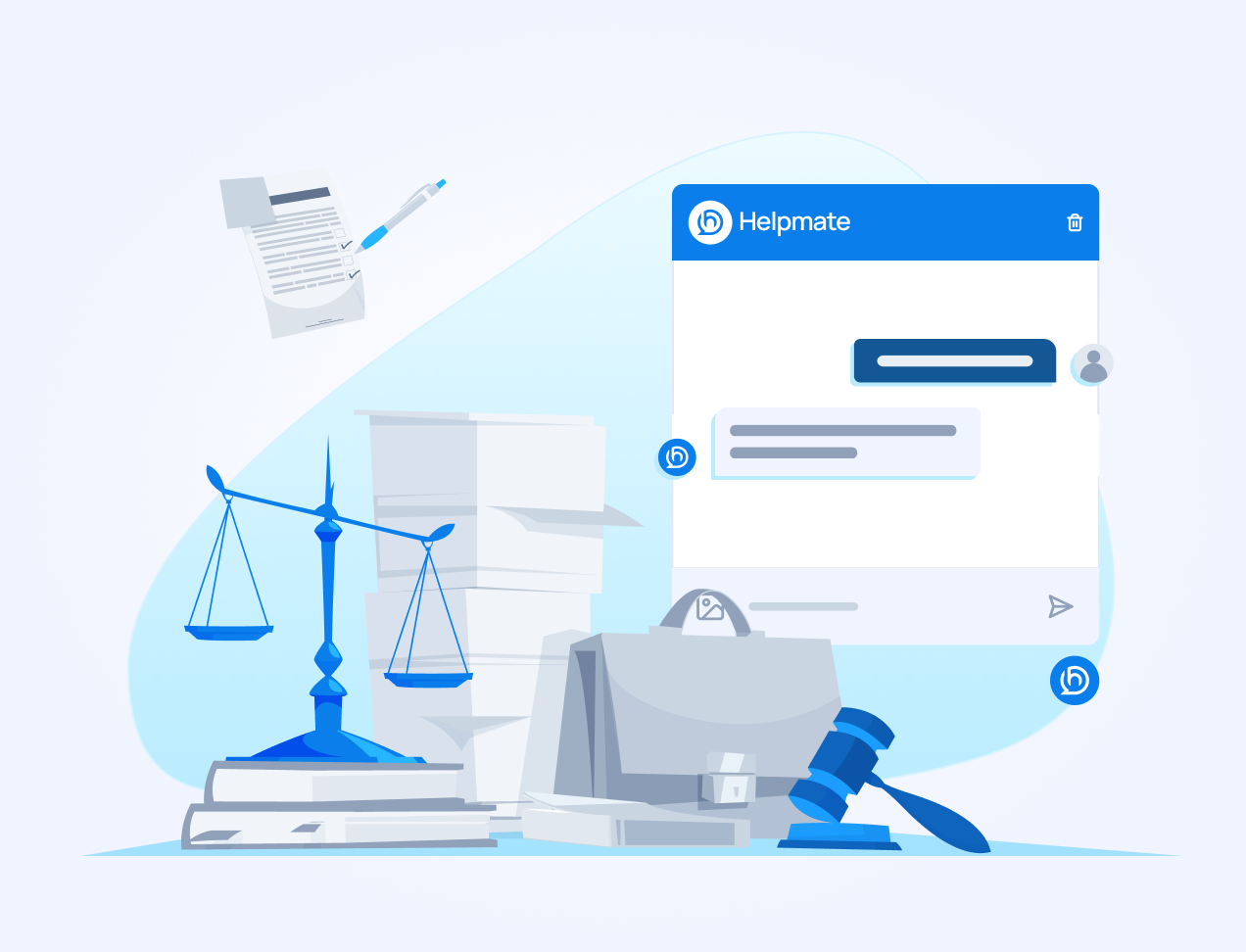 Illustration of legal scales, documents, a gavel, and a briefcase next to a Helpmate chat interface mockup.