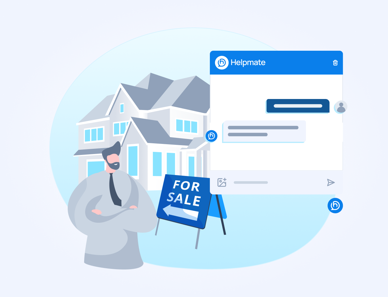 Illustration of a real estate agent pointing to a house for sale next to a Helpmate chat interface mockup showing a property search conversation.