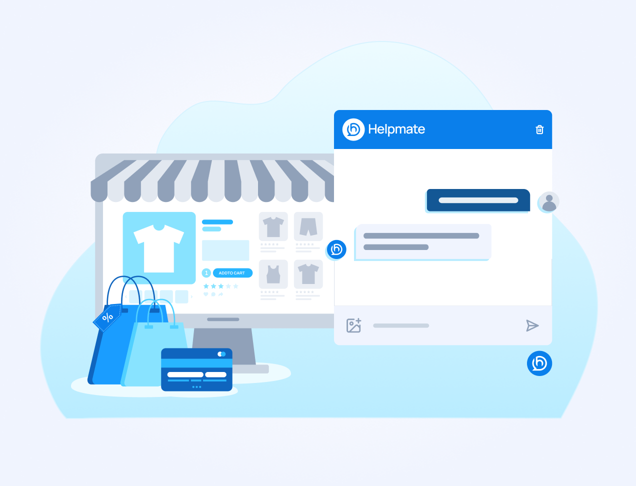 Illustration of an online storefront on a monitor with shopping bags and a credit card, positioned next to a Helpmate chat interface mockup.